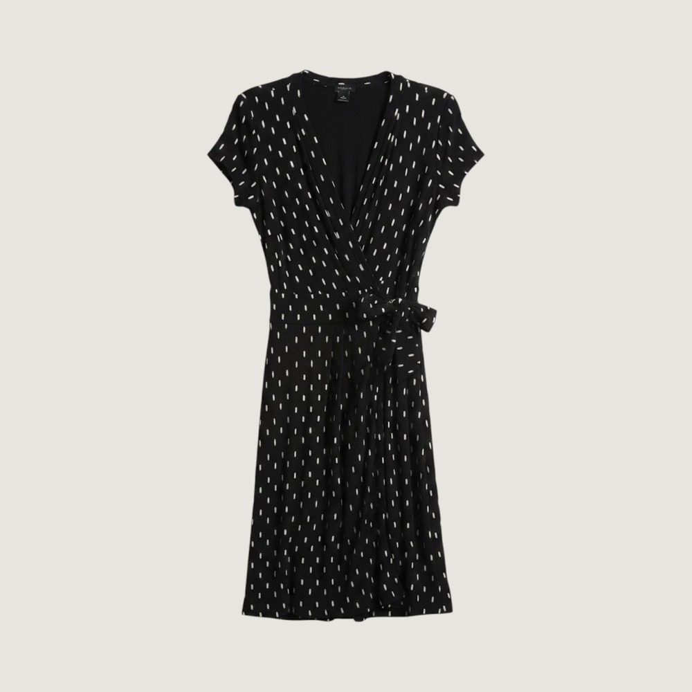 Ann Taylor Factory‎ Black White Dash Print Faux Wrap Dress Short Sleeve Size 4